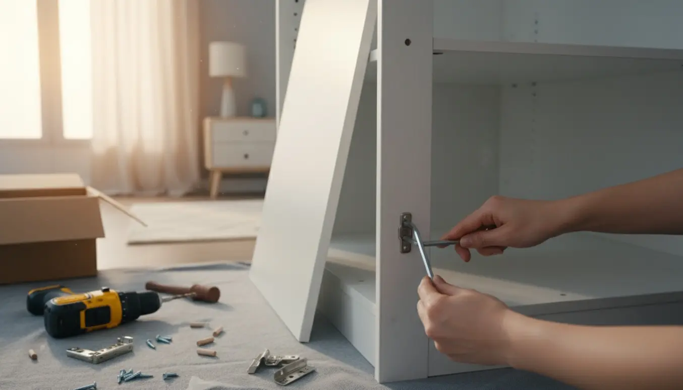 Hænder samler et mindre hvidt klædeskab i et lyst soveværelse.