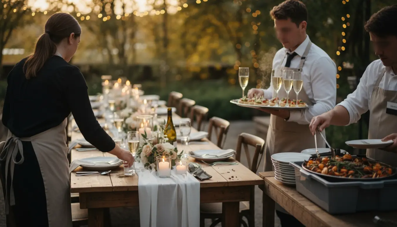 Tjenere i forklæder serverer og rydder op ved et bryllupsreception med lang bordopdækning og lyskæder.