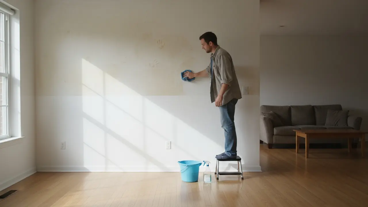 Væg, halv beskidt halv nyvasket, person tørrer med mikrofiberklud