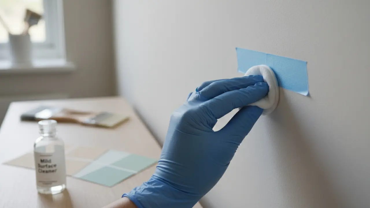 Hånd med handske tester rengøringsmiddel på et lille område af malet væg