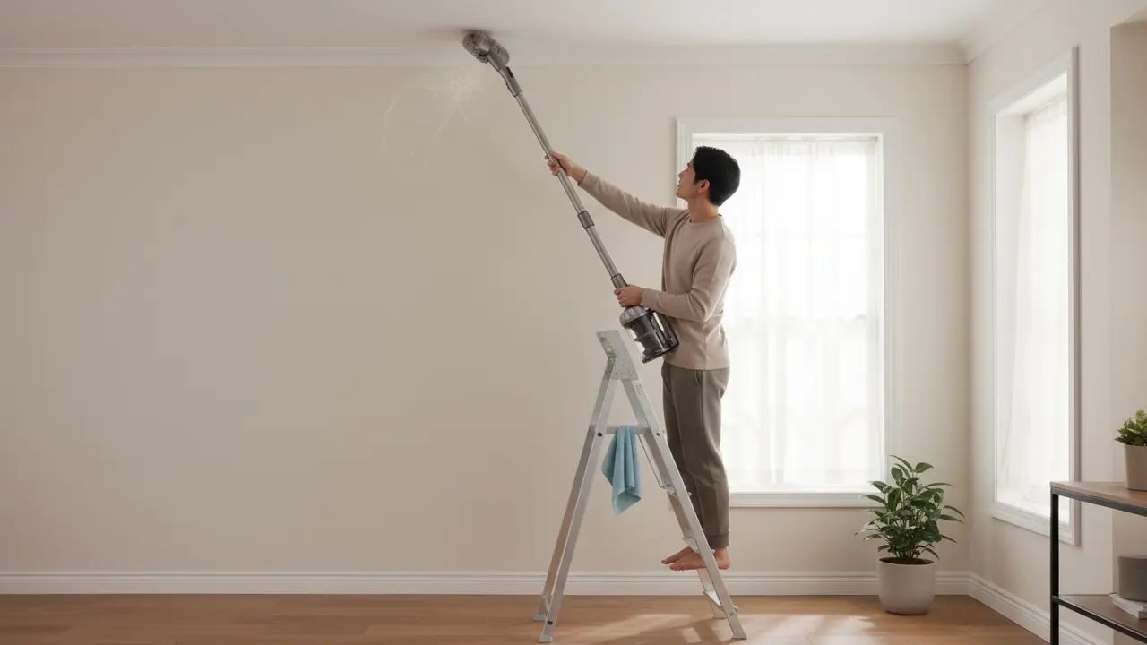 Person støvsuger støv og spindelvæv af væg med blødt børste-mundstykke