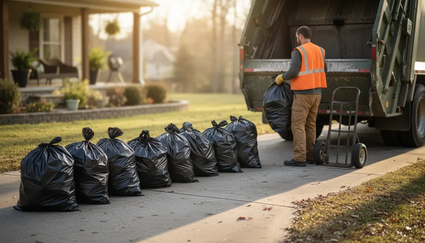 Ti affaldssække læsses ind i en renovationsbil, en person med handsker ses bagfra.