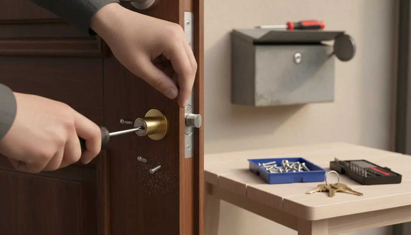 Hænder udskifter en cylindernøgle i hoveddøren med værktøj og postkasselås i baggrunden.