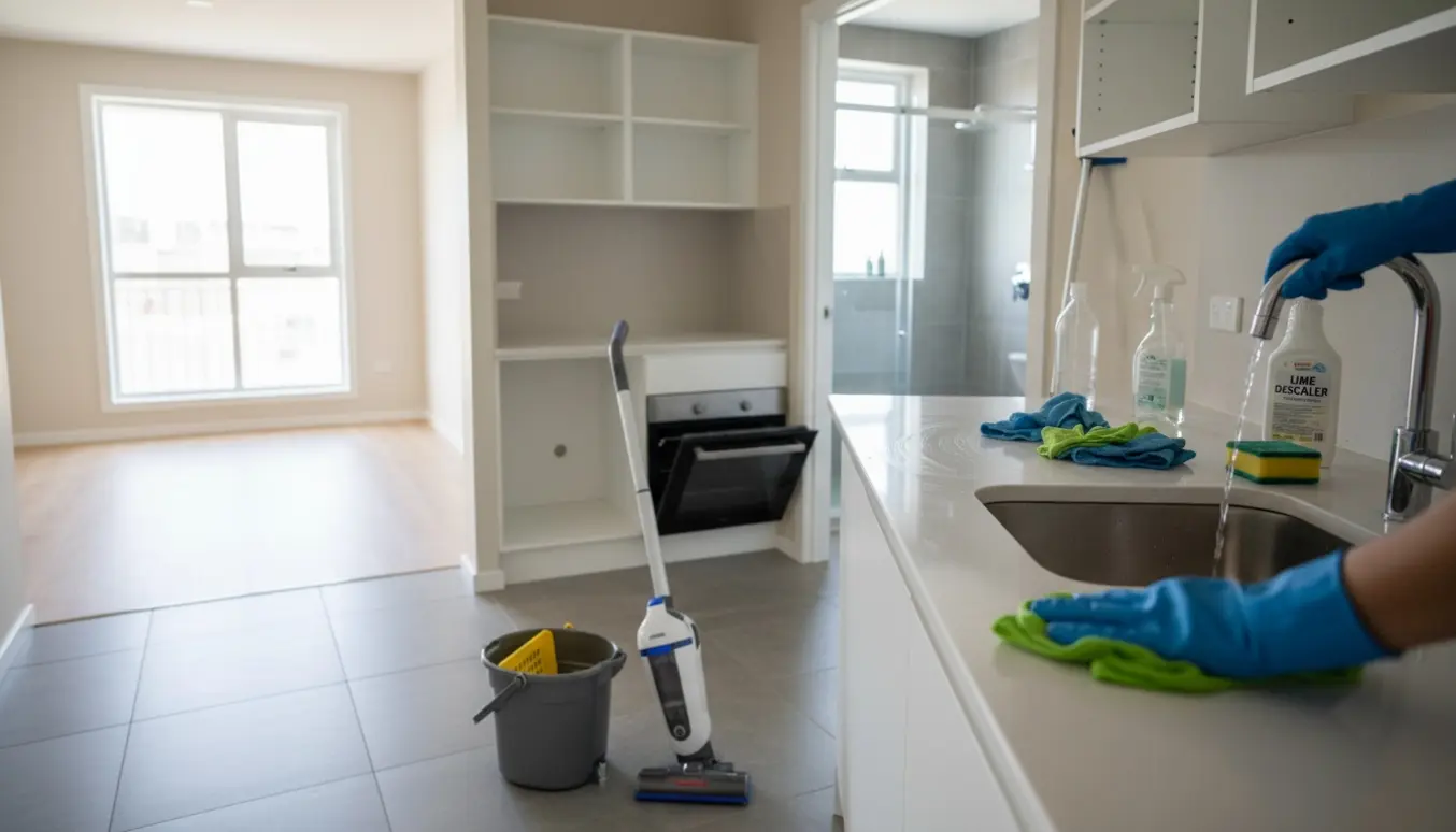 Tom etværelses lejlighed under slutrengøring med rengøringsudstyr ved køkken og badeværelse.