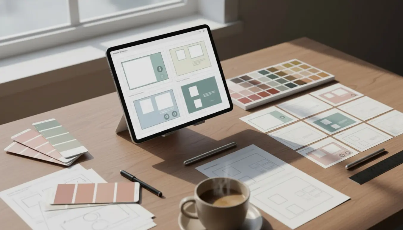 Arbejdsbord med lodrette PowerPoint-layouts, farveprøver og en tablet med slide-mockup i naturligt lys.