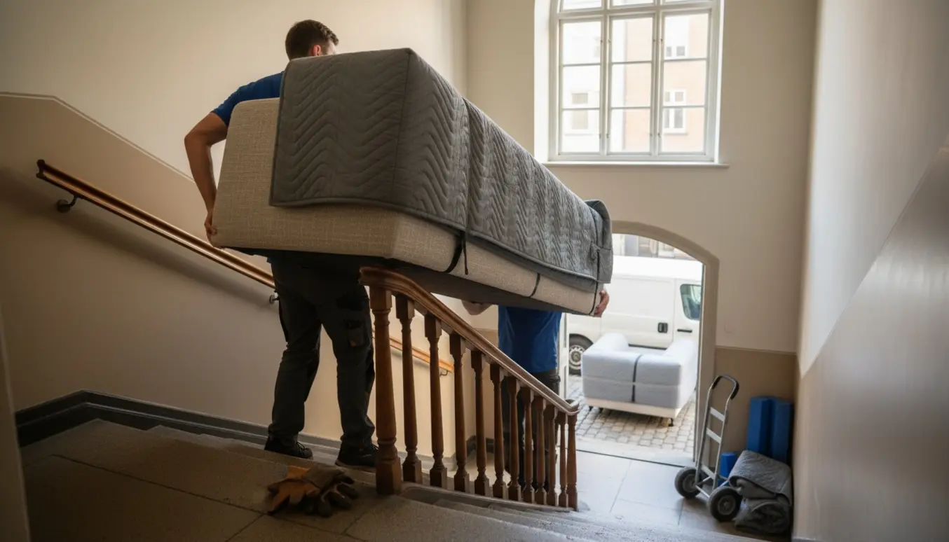 To flyttefolk bærer en pakket modulsofa ned ad en smal trappe med en flyttebil parkeret udenfor.