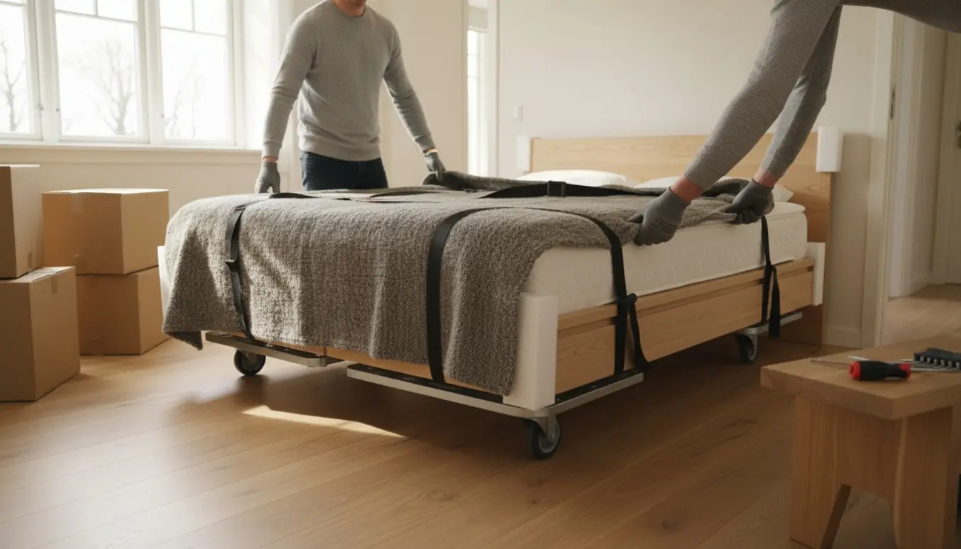 To personer flytter en indpakket dobbeltseng gennem en lys lejlighedskorridor.