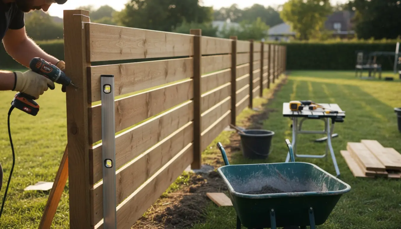 Opsætning af klinkhegn i baghave med stolper, brædder og håndværktøj.