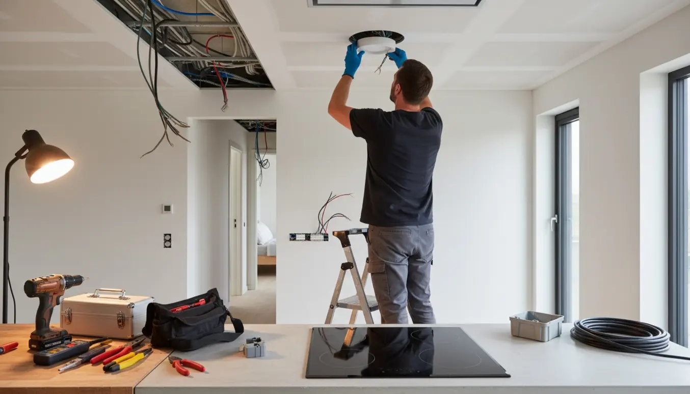 En elektriker monterer indbyggede spots og trækker kabler i et moderne køkken med synlige loftsudskæringer mod soveværelset.