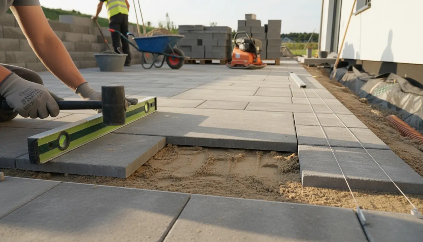 Anlæg af fliseterrasse med hånd der slår en flise på plads, støttemur under opbygning og dræn ved huset.