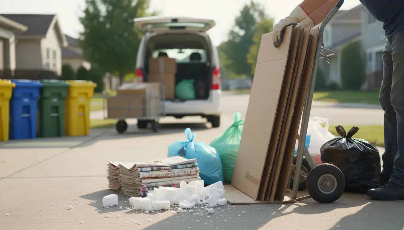 En person læsser pap, papir og flamingo på en handtruck på en indkørsel ved morgengry.