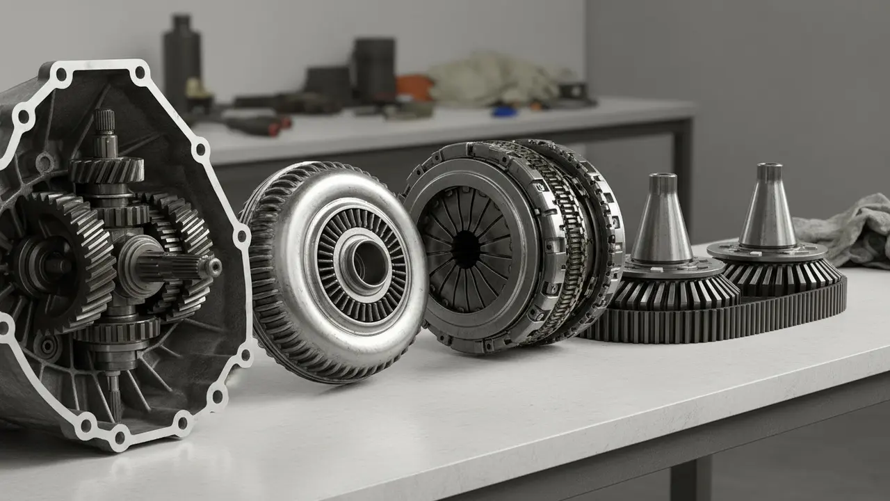 Oversigt over forskellige gearkassekomponenter på et værkstedsbord