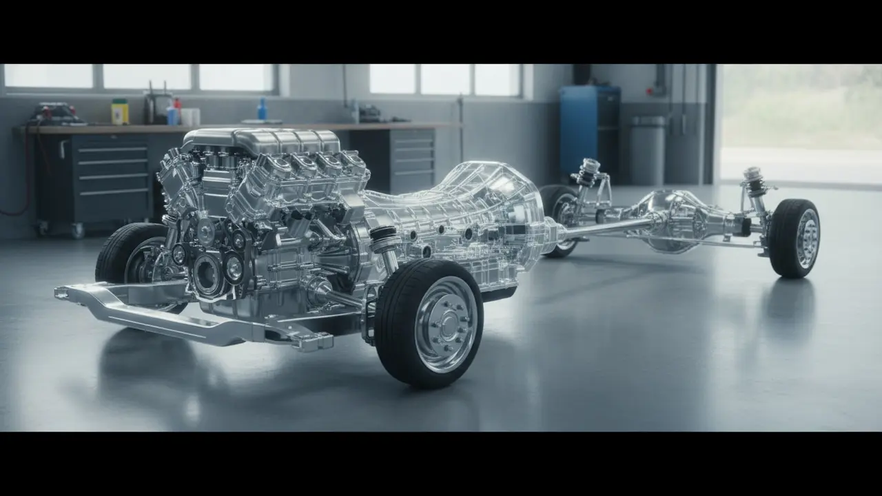 Skåret fremstilling af motoren og gearkassen der forbinder til drivakslerne