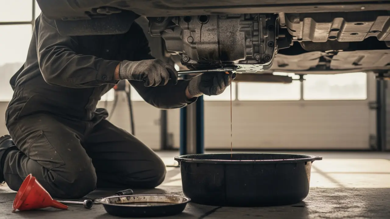 Mekaniker der fjerner aftapningsproppen og lader gearolie løbe i en oliebakke