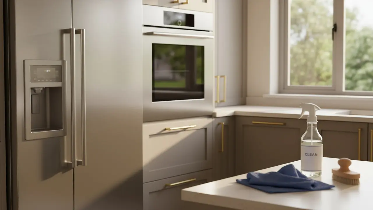 Moderne køkken med forskellige metaloverflader og rengøringsværktøj på bordet.