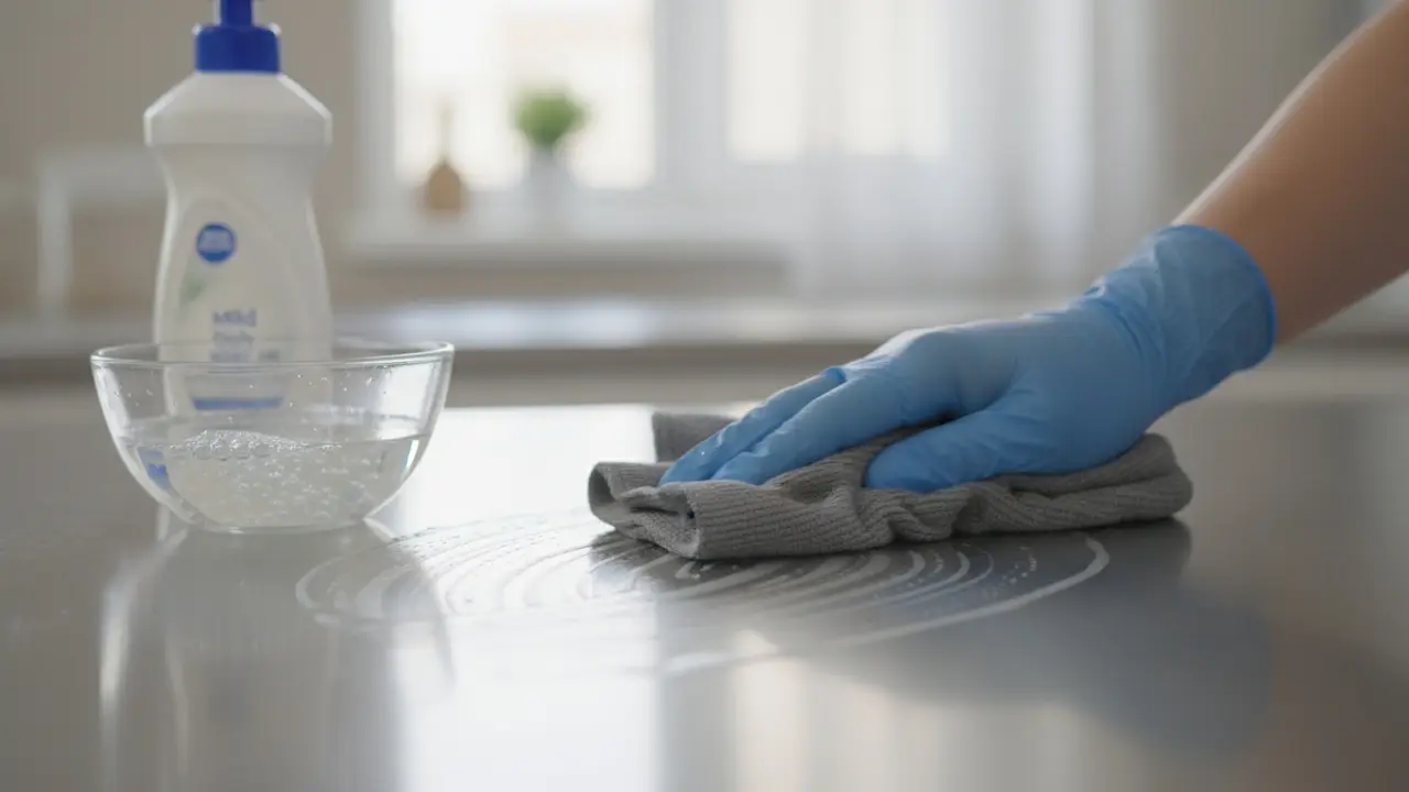 Hænder med handsker tørrer en rustfri stålflade med mikrofiberklud langs børsteretningen.