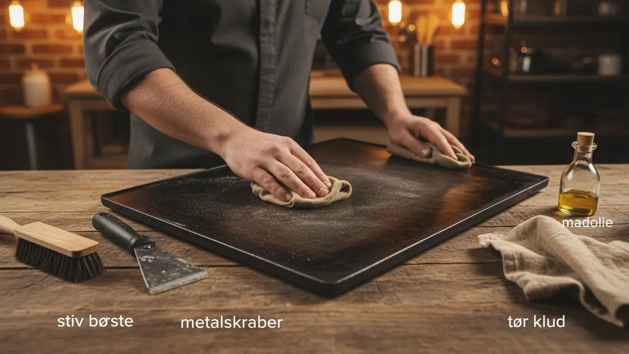 Bager rengør bagestål med stiv børste og metalskraber, olieflaske og tør klud ved siden af.