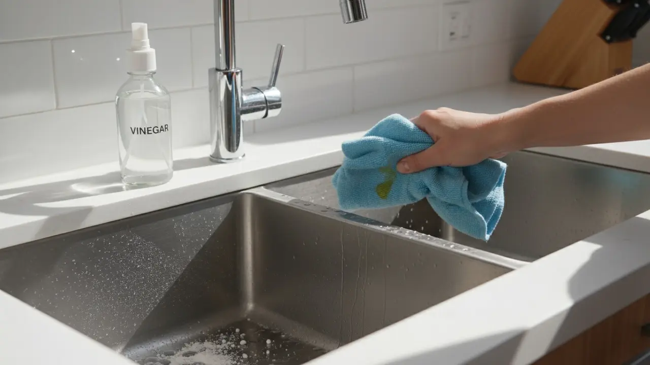 Stålvask under rengøring med bagepulver, eddike-spray og polering med olivenolie på mikrofiberklud.