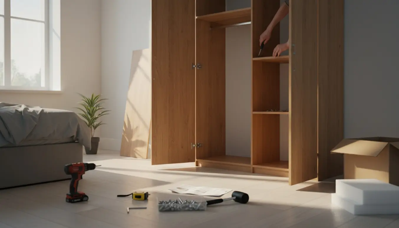 Hænder samler et 3-lågers garderobeskab i egetræ på gulvet med værktøj og dele rundt om, ingen ansigter synlige.