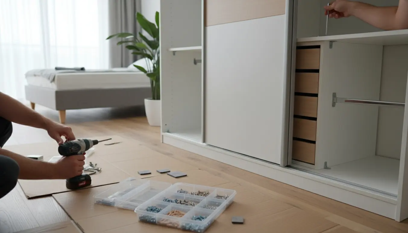 Nærbillede af montage af fritstående Pax-lignende skab med skydedøre, værktøj og beskyttelse af nyt gulv.