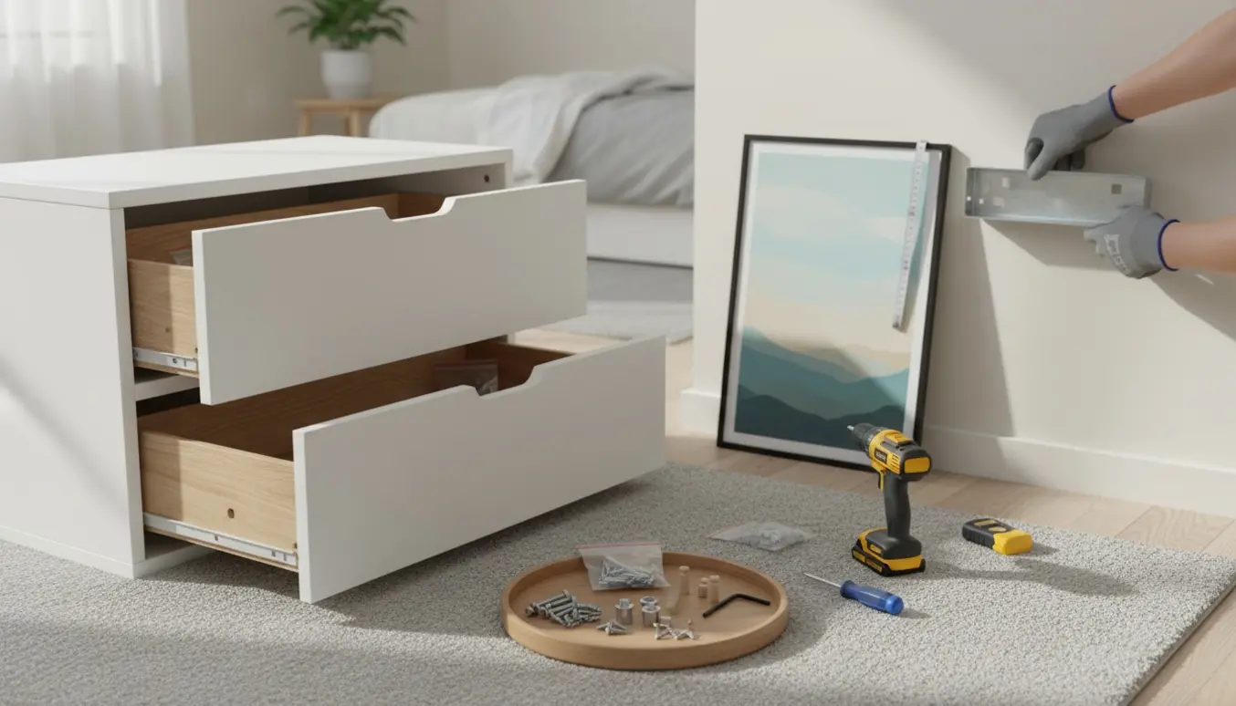 Delvist samlet Malm-kommode med værktøj og en ramme klar til ophæng på en lys væg.