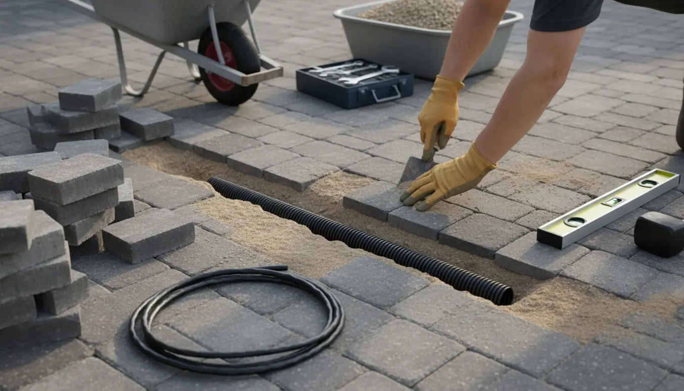 Indkørsel med udgravet rende til elkabel, stablede fliser og delvist genlagte fliser.