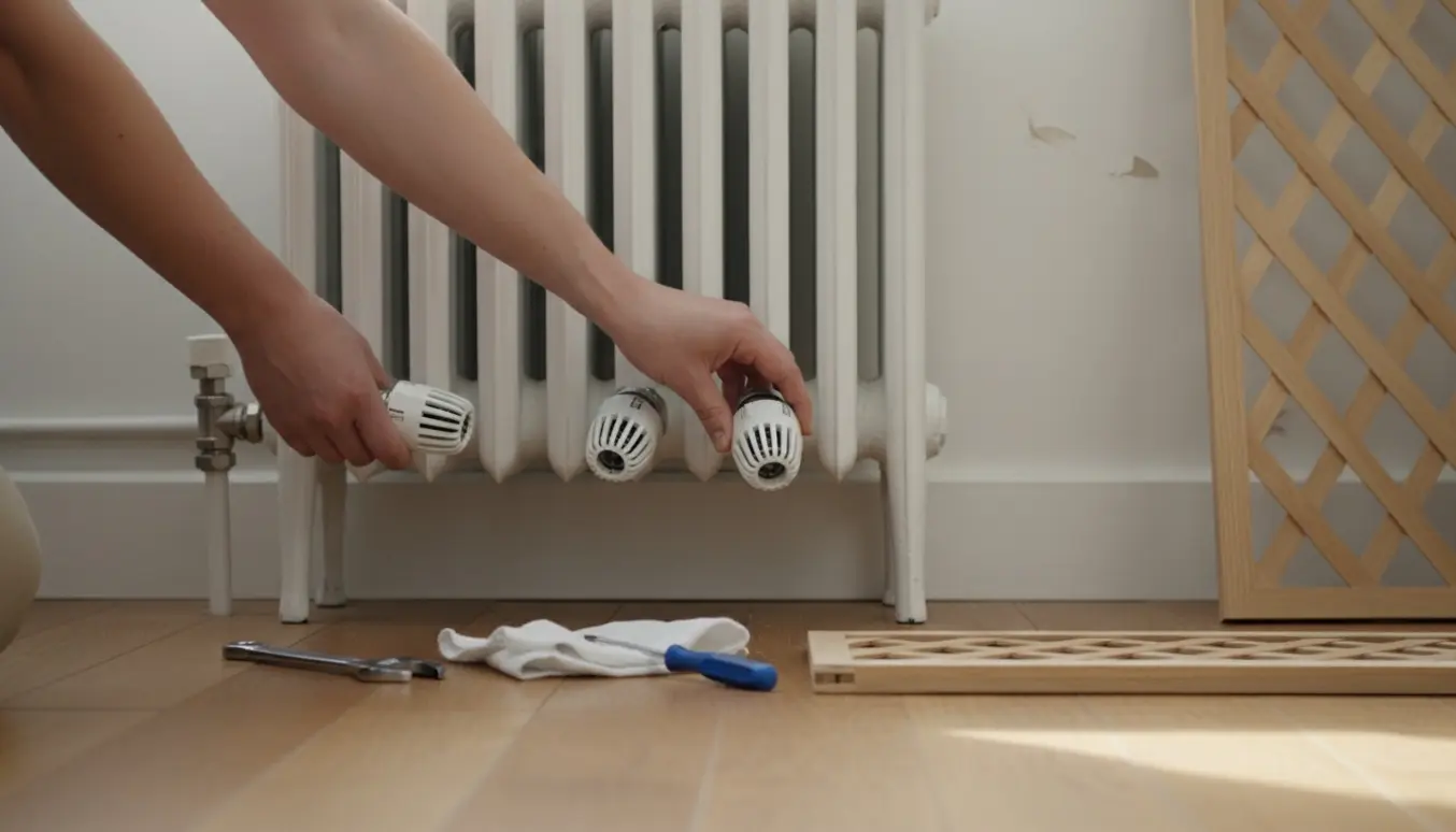 Hænder drejer tre radiatortermostater til siden for at gøre plads til en radiatorskjuler.