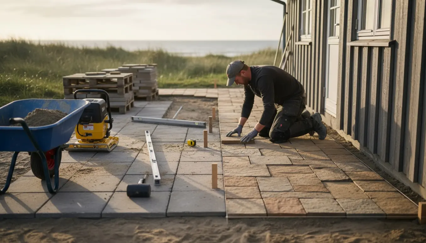Sommerhusudvidelse med nye fliser mod syd, værktøj og bunker af fliser på en solbeskinnet terrasse.