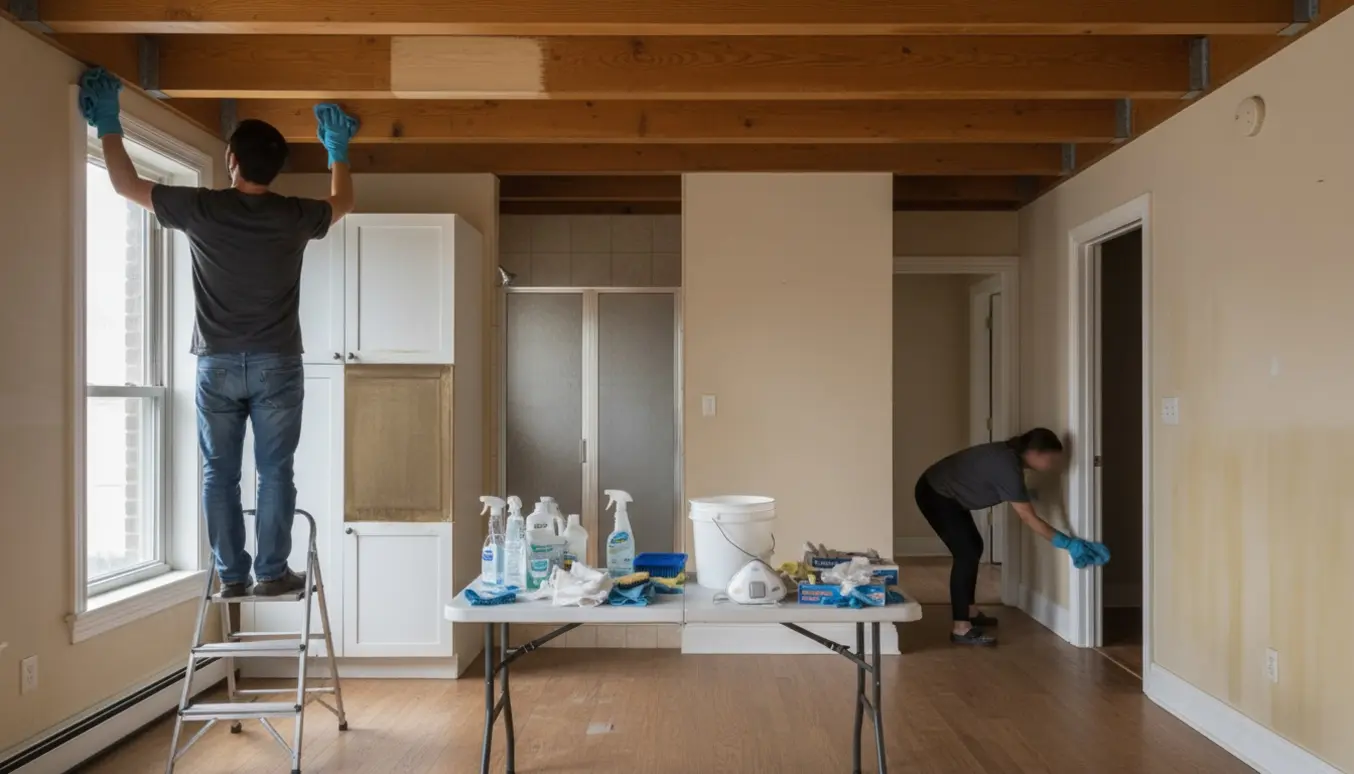 Grundig rengøring i et tidligere rygerhjem, håndværktøj og rengøringsmidler mens lofter og skabe aftørres uden synlige ansigter.