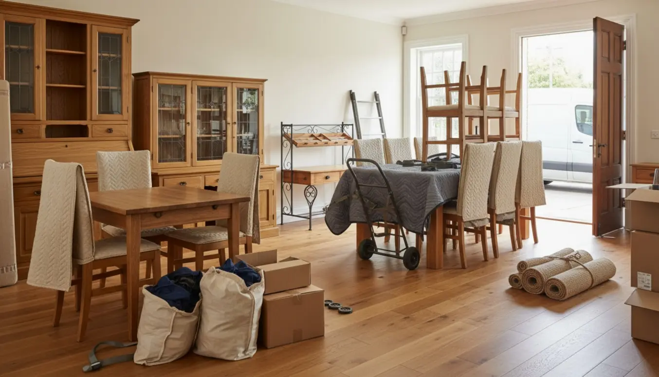 Lys stue med møbler indpakket i flyttetæpper, rullede tæpper og sække med tøj klar til flytning.