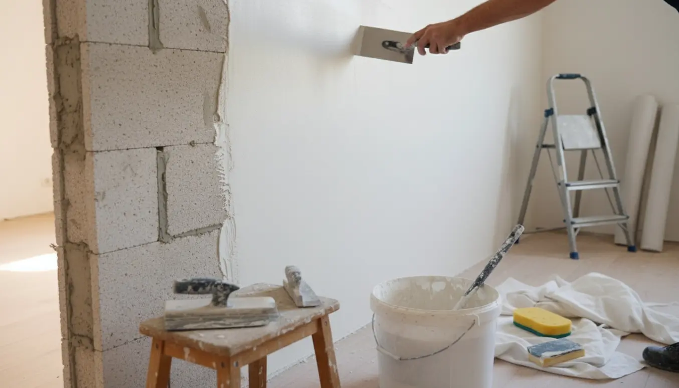 Indvendig væg under murerarbejde med gasbetonblokke og nyligt spartlet overflade, håndværkerens hænder i arbejde.