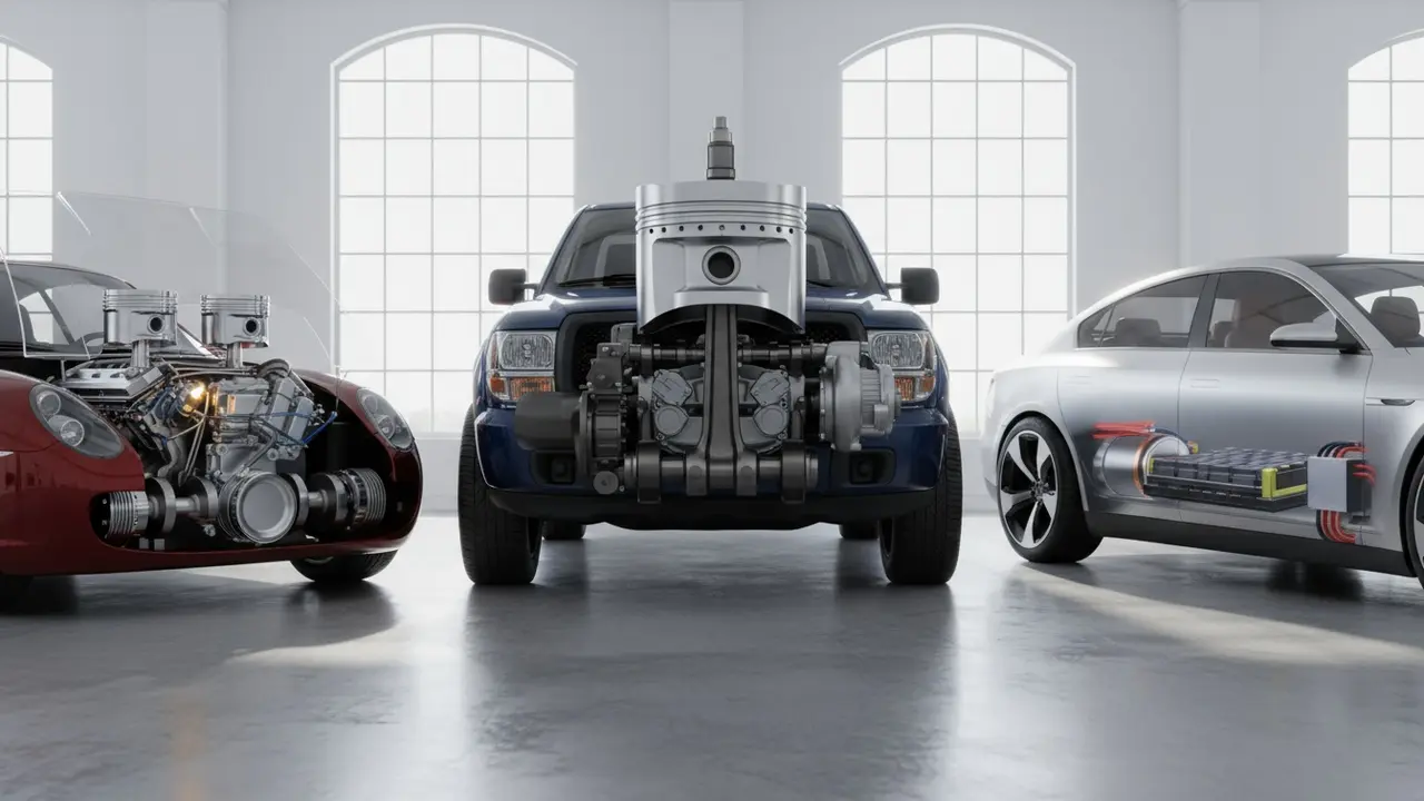 Tre biler side om side med cutaway-visninger af benzin-, diesel- og elmotorer