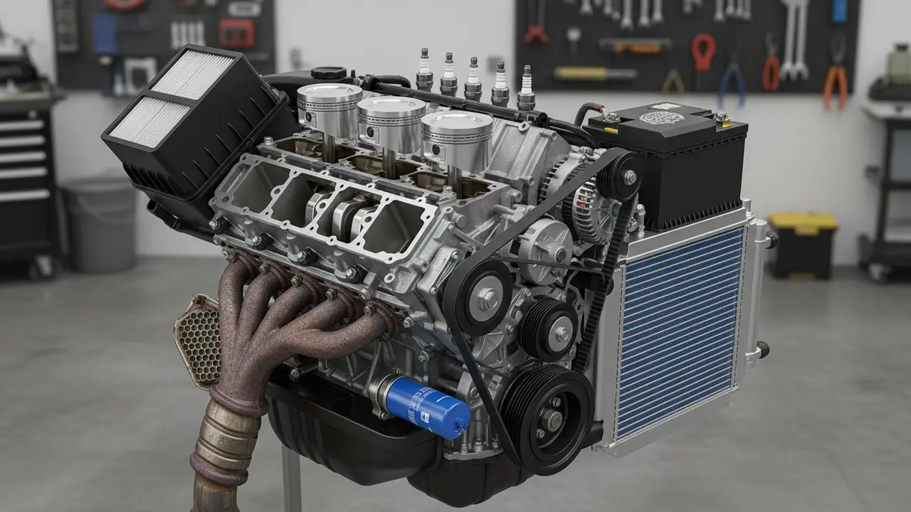 Detaljeret cutaway af bilens motorrum med centrale komponenter synlige