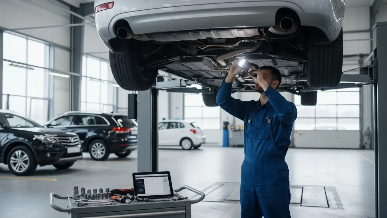 Bil på synsbane med mekaniker, der inspicerer undercarossen i et værksted