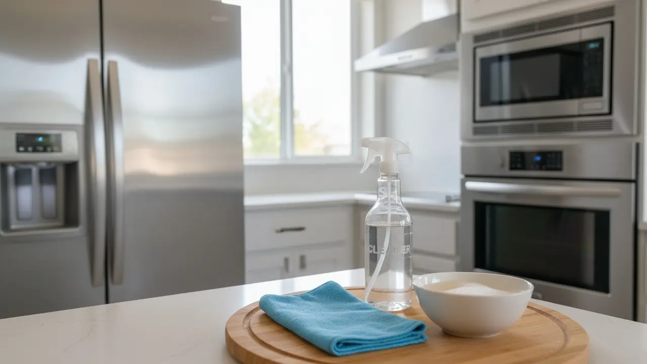 Køkken med polerede rustfrie og børstede ståloverflader samt mikrofiberklud og rengøringsmidler