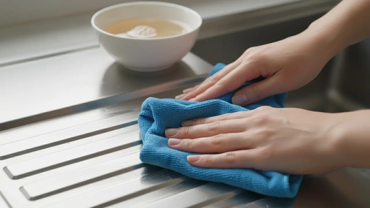 Nærbillede af hænder der tørrer rustfri ståloverflade med mikrofiber i stålets retning