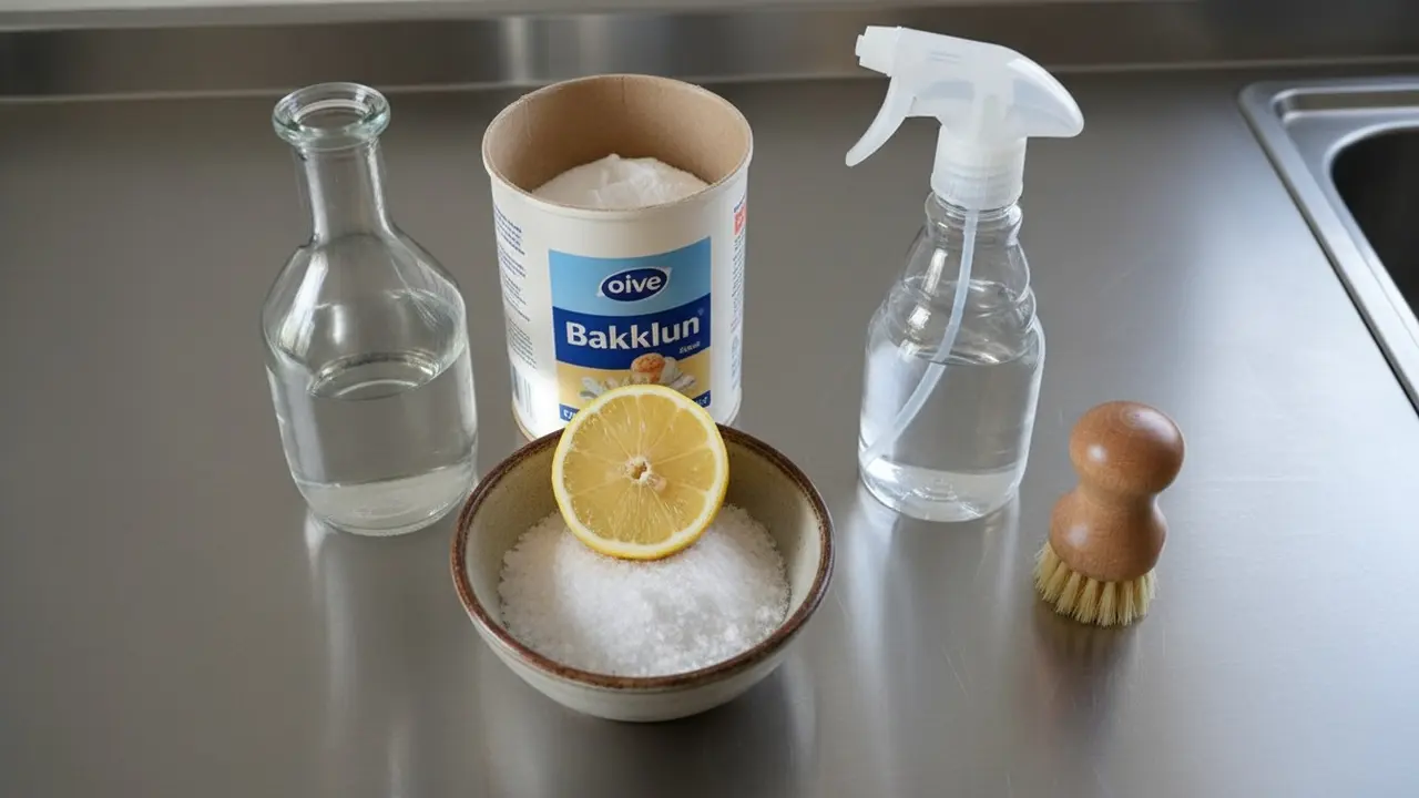 Hjemmelavede rengøringsmidler: eddike, bagepulver, citron og sprayflaske på rustfri stål
