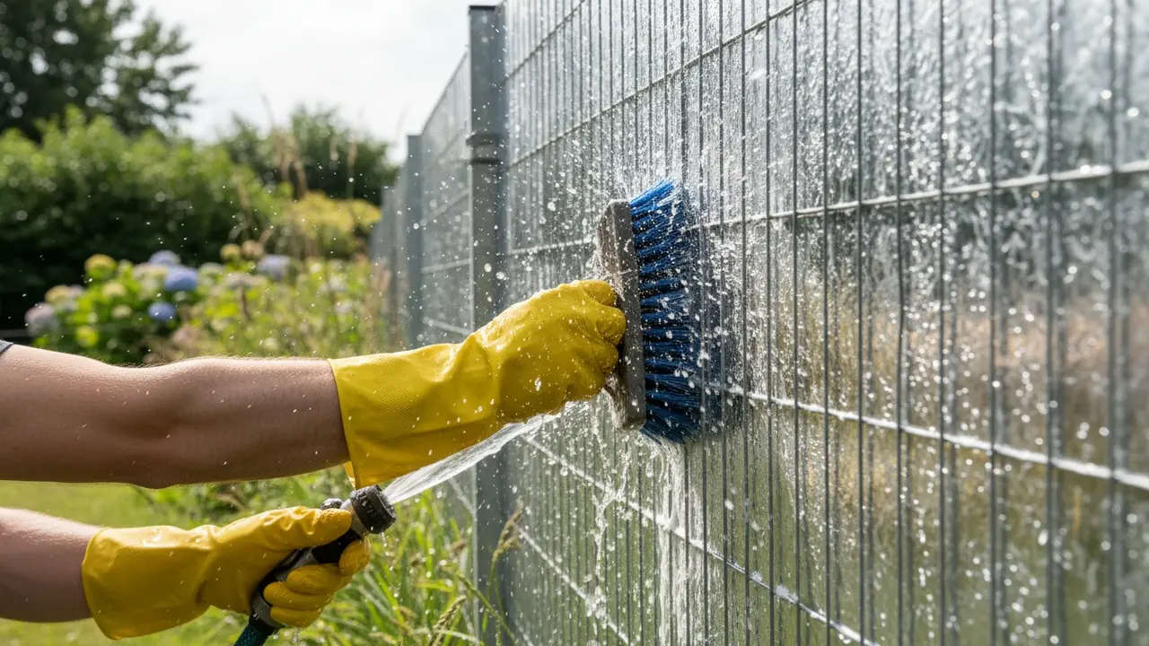 Nærbillede af rengøring af galvaniseret stål med stiv børste og vandslange udendørs
