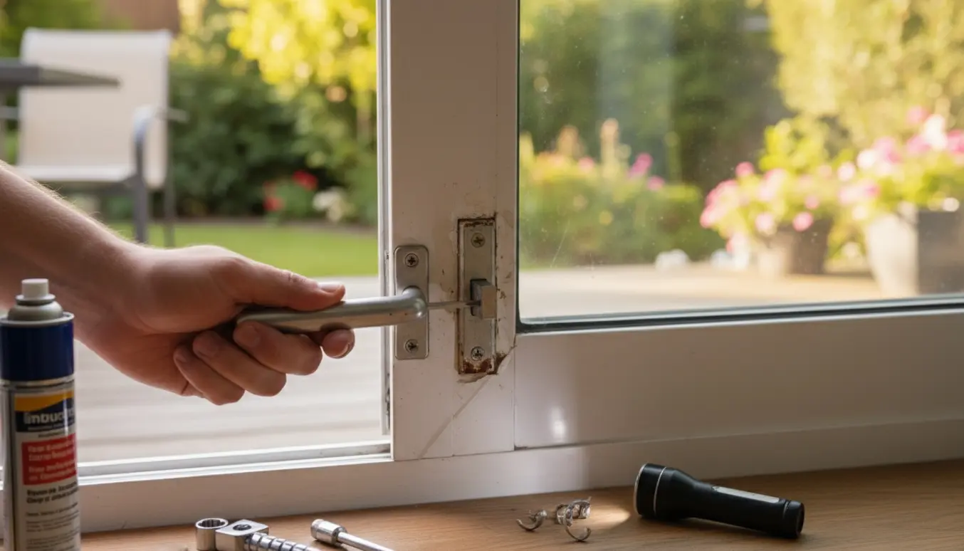 Nærbillede af hænder og værktøj ved en fastlåst lås på en terrasseskydedør.