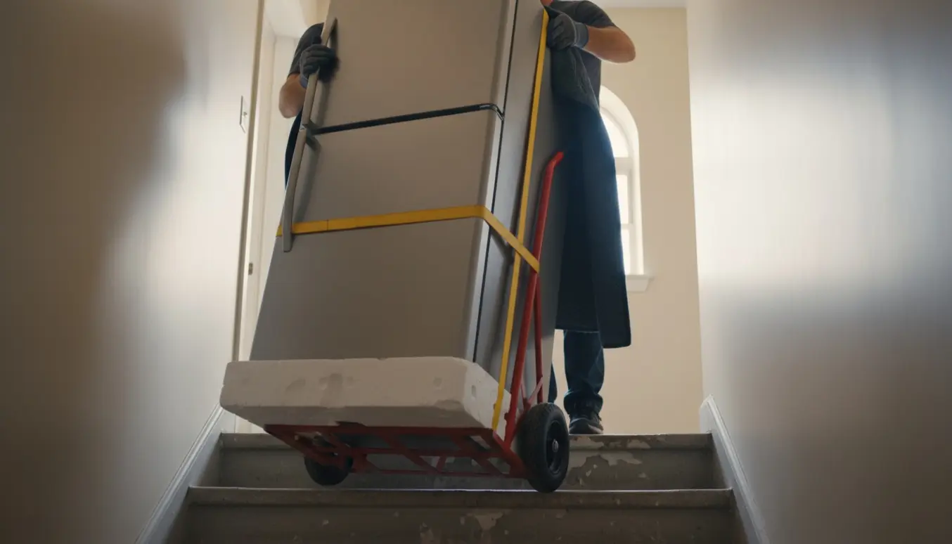 Køle-/fryseskab på flamingobund løftes ned ad trappe på sækkevogn klar til bortskaffelse.