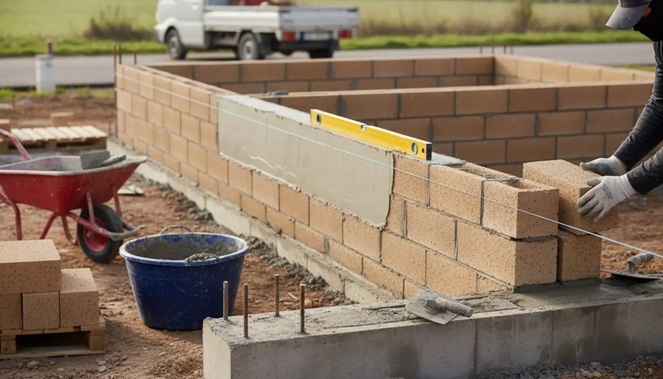 Halvhøj leca-blokmur med to sving under opbygning, håndværkeres hænder arbejder med mørtel og efterpudsning.