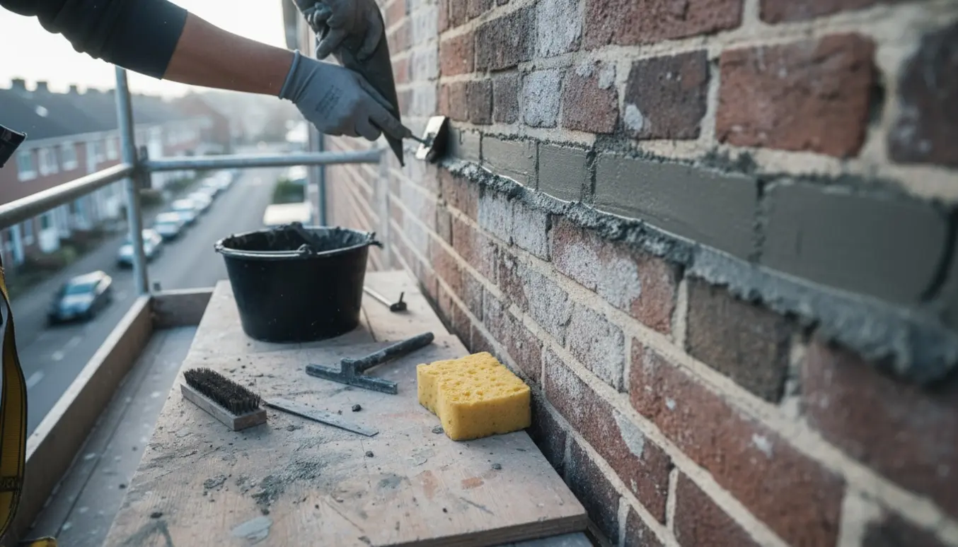 Håndværkers hænder på stillads reparerer murfuger efter frostskade på en facade cirka 5–6 meter over gaden.