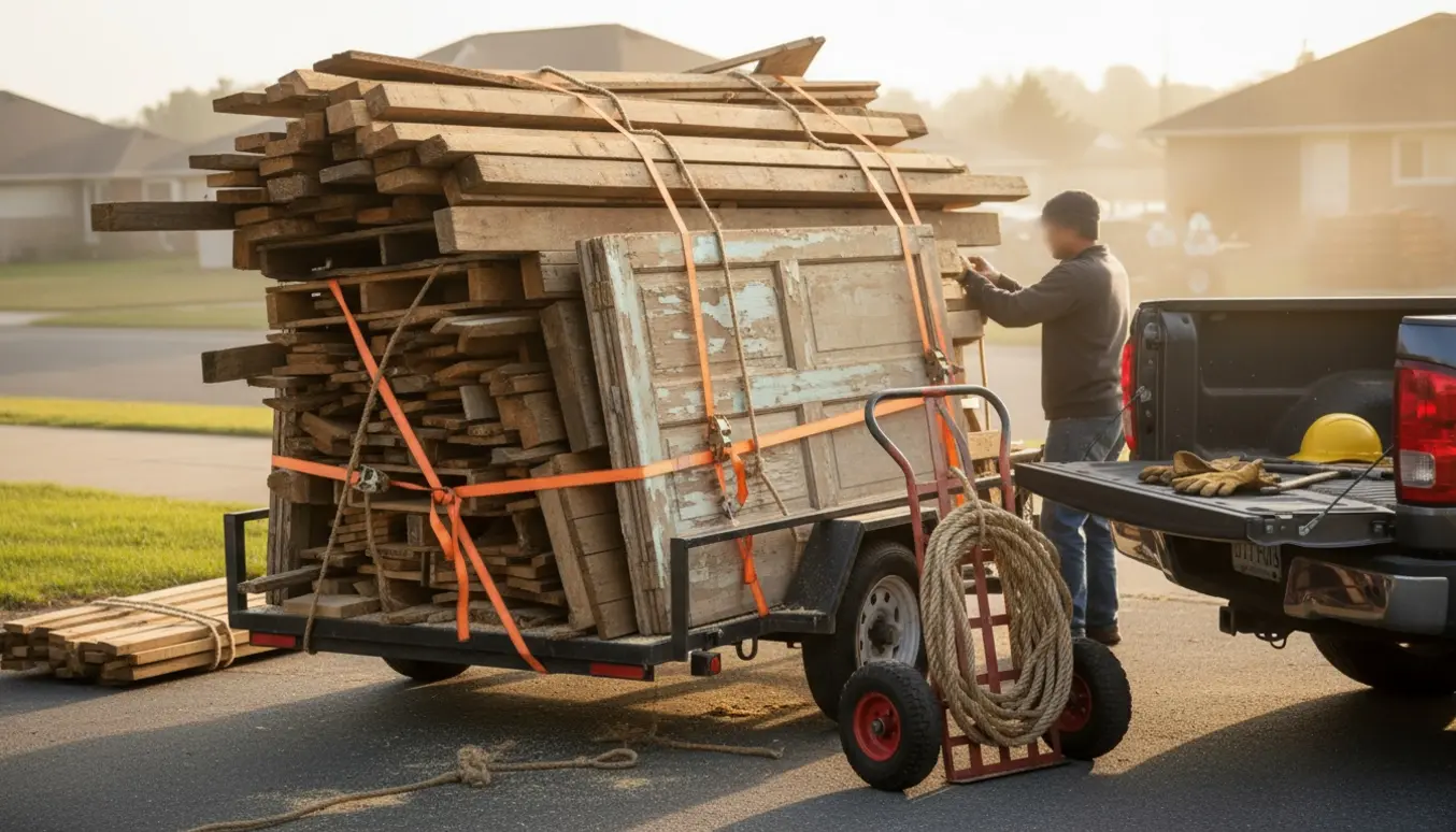 Trailer læsset med træbyggematerialer på indkørsel, klar til afhentning.