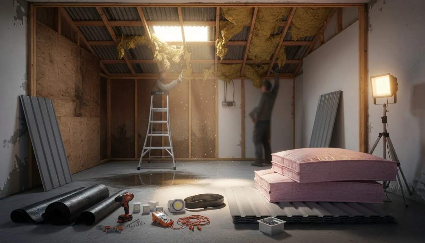 Indvendigt billede af isoleret skur og carport under tagrenovering med hul i taget, våd isolering og værktøj til lysinstallation.
