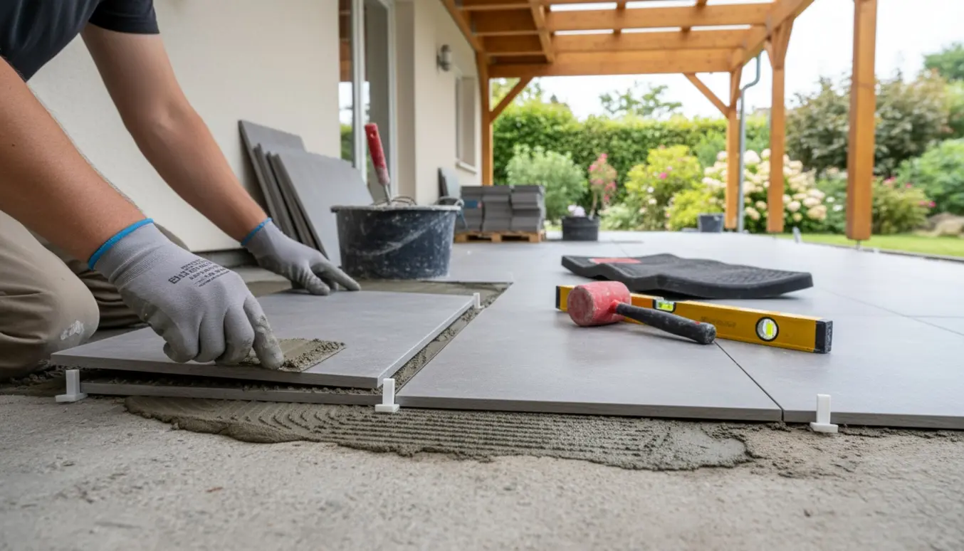 Hænder lægger terrasseklinker på et betondæk under en overdækket terrasse.