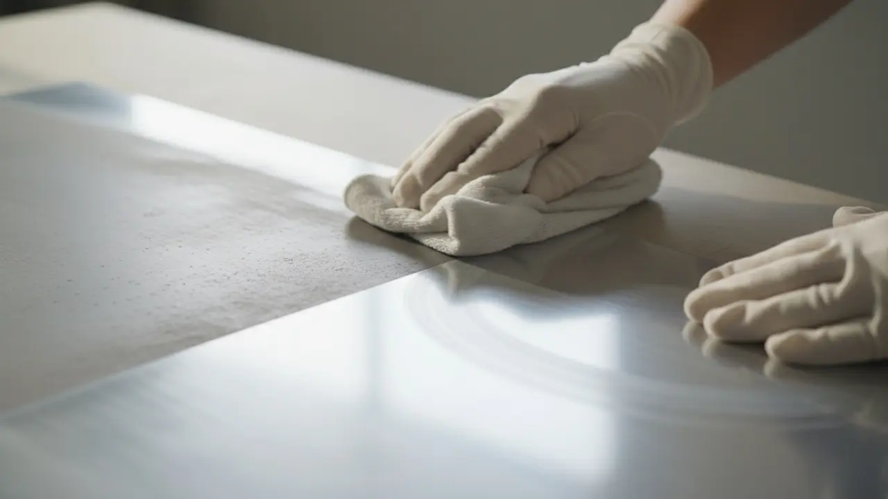 Hånd polerer oxideret aluminium med klud, synlig før- og eftereffekt