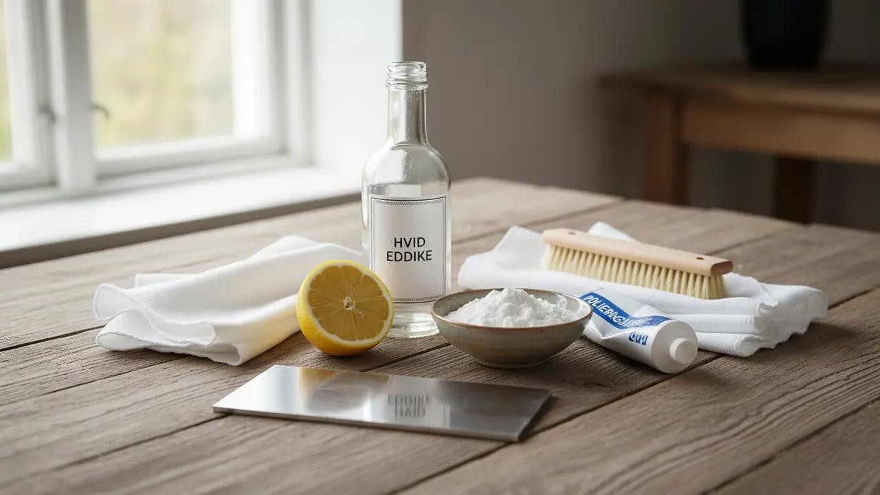 Rengøringsmidler: eddike, citron, bagepulver, polermiddel og bløde klude ved et aluminiumstykke