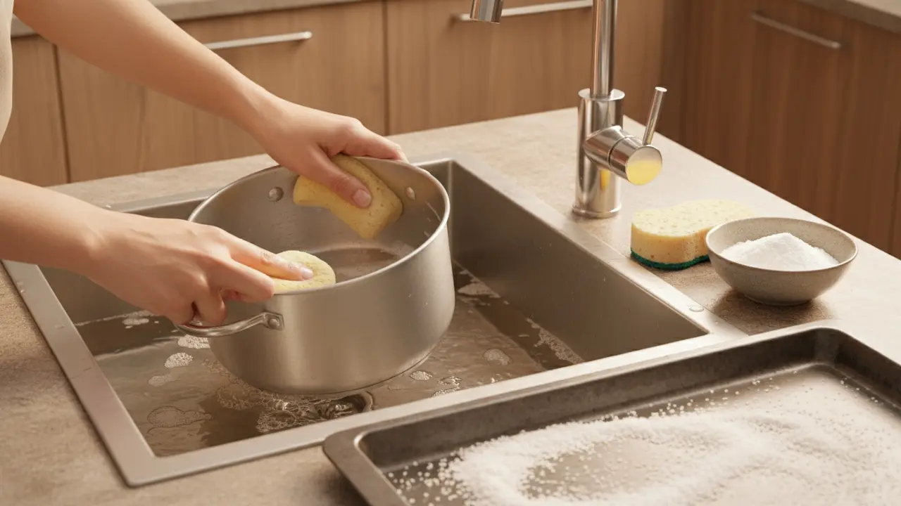 Aluminiumgryde i varmt sæbevand med blød svamp og bagepulver klar til rengøring