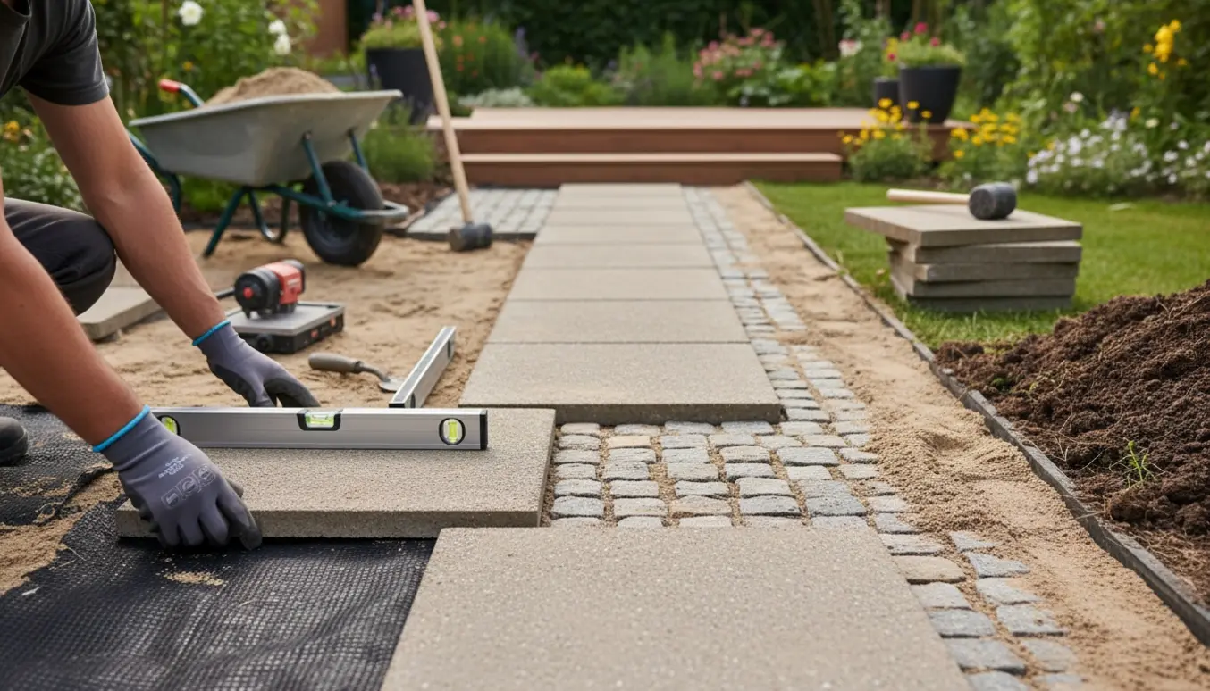 Nærbillede af anlæg af flisegang med 40x40 fliser og 10x10 kopsten, afretning i sand og ukrudtsdug.