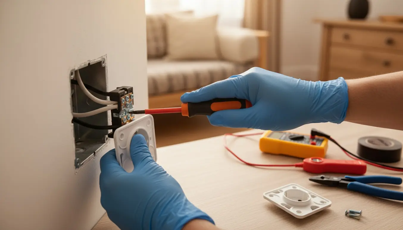 Nærbillede af hænder i isolerede handsker, der reparerer en afmonteret stikkontakt med værktøj ved siden af.